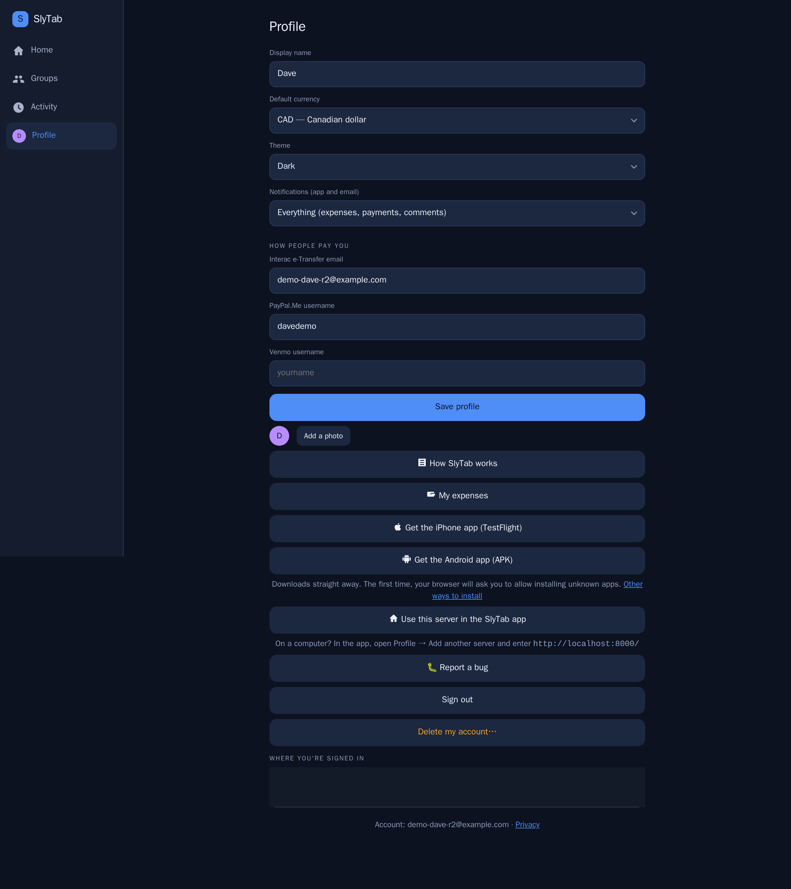 Profile and settings